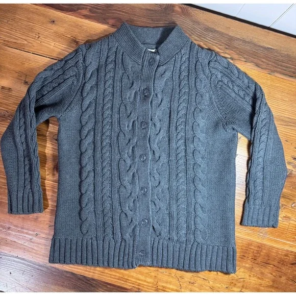 LL Bean Cable Knit Cardigan Women's Large Gray 100% Cotton Full Button Front - Picture 4 of 10